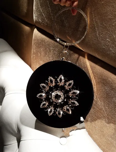 LOLIBOX Women Bags Women Evening Clutch Bags Velvet Diamond Ring Handbags Small Round Clutch Bag Day Party Clutches Purses - Black