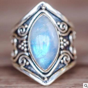 European and American retro moonstone stone silver ring Punk style exaggerated hand jewelry