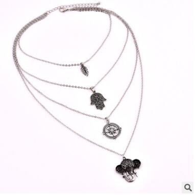 Leaf palm compass elephant multi-layer necklace