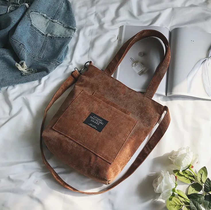 Fashion Corduroy Student Shoulder Crossbody Bag - Brown
