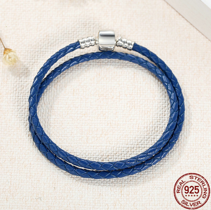 Genuine Long Double  Black Braided Leather Chain Women Bracelets With 925 Sterling Silver Snake Clasp PAS908