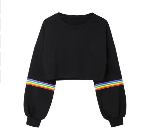 Long sleeve stitching rainbow strip round neck short section navel sweater