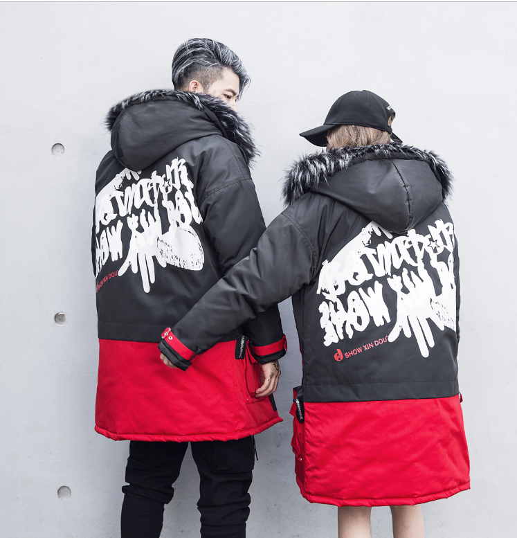 New Korean men's long section large cotton coat tide brand black red color matching down jacket lovers large size coat