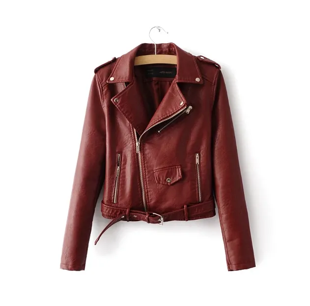 autumn and winter women's clothing coat Korean version of the Korean version of women's leather jacket fashion women's clothing Red Wine - Shop at LoveMi