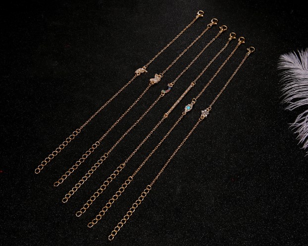 6 Pcs Set Punk Butterfly Eye Star Moon Leaves Crystal Gem Shiny Gold Multilayer Chain Bracelet Set Women Exquisite Party Jewelry