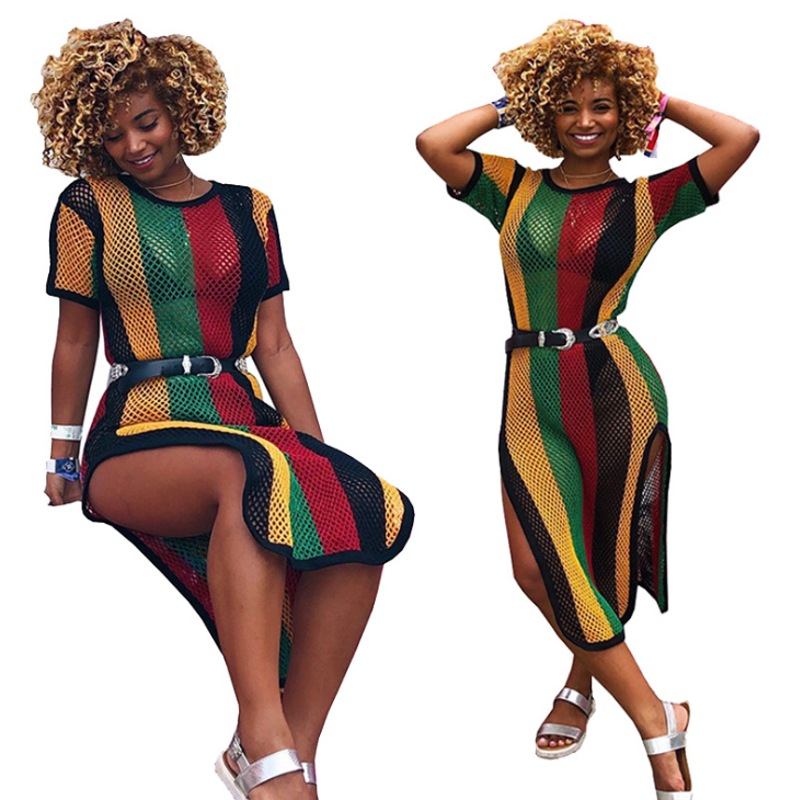 TS789 Explosion Mesh Color Strip Print Dress