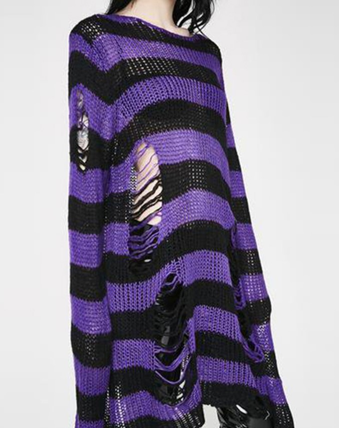Women Gothic Punk Striped Long Sweaters Character Cool Hollow Out Hole Broken Thin Pull over Knit Sweater Autumn Cozy Top