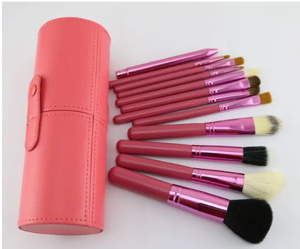 Niya supply 12 makeup sweep set cylinder set brush PU storage makeup tube beauty makeup hair brush eyebrow pencil - Pink