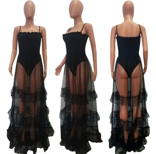 Beauty Women's Mesh Perspective Ruffled Sling Large Sleeveless Sleeve Dress