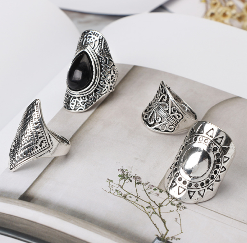 Vintage ethnic style black gemstone drop ring  pierced engraved diamond 4 piece set ring Sun pattern