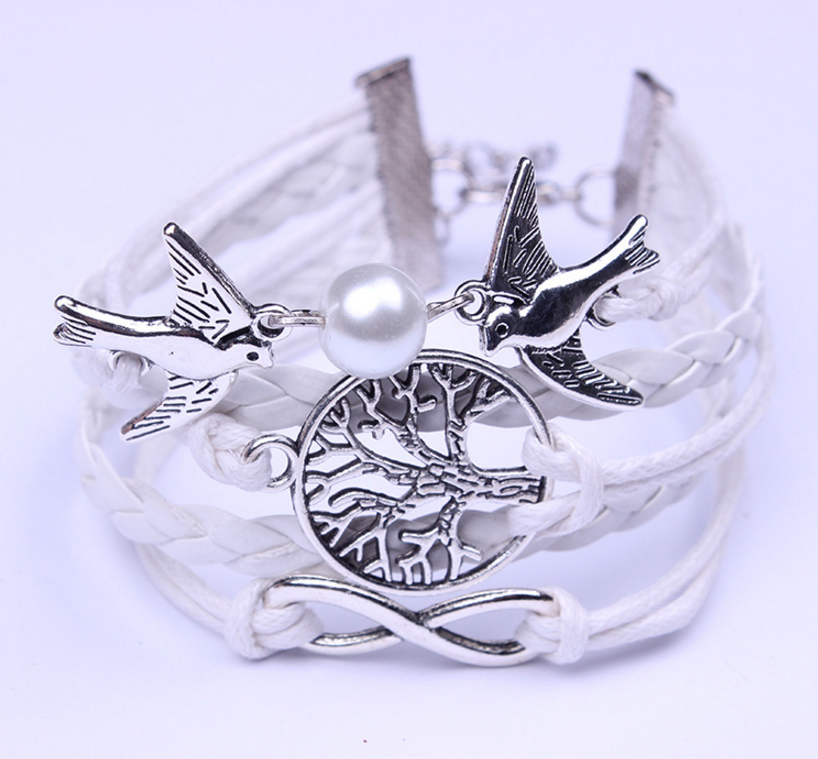 Vintage Peace Dove Pearl Life Tree 8 Words Endless Braided Bracelet Bracelet
