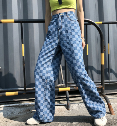 Blue Plaid Checkerboard High Waist Wide Leg Pants Women Hip Hop Loose Straight Pantalon Femme Trousers Punk Bottom Harem Pants