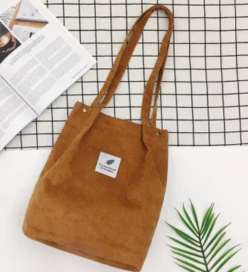 Summer literary small corduroy canvas bag simple tide female hand shoulder bag Brown - Shop at LoveMi