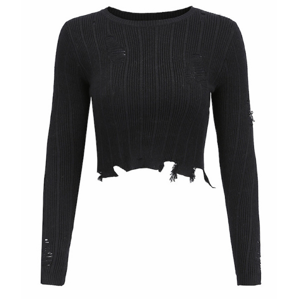 Irregular hole exposed navel sweater