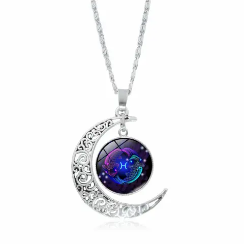 12 Constellation Time Gemstone Half Moon Pendant Necklace Twelve