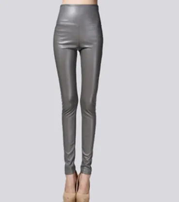 Real shot autumn and winter new color elastic pu leather plus velvet thickening leggings wearing high waist tight leather pants - Light Grey