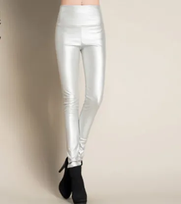 Real shot autumn and winter new color elastic pu leather plus velvet thickening leggings wearing high waist tight leather pants Silvery - Shop at LoveMi