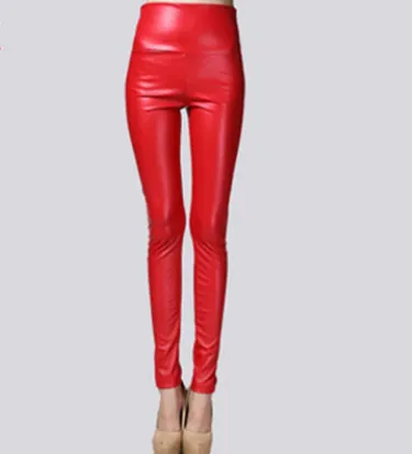Real shot autumn and winter new color elastic pu leather plus velvet thickening leggings wearing high waist tight leather pants - Claret