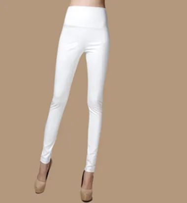 Real shot autumn and winter new color elastic pu leather plus velvet thickening leggings wearing high waist tight leather pants White - Shop at LoveMi