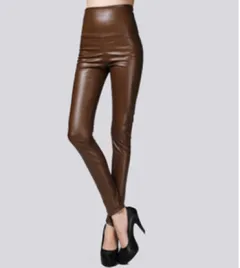 Real shot autumn and winter new colour elastic pu leather plus velvet thickening leggings wearing high waist tight leather pants - Golden Coffee - View 1