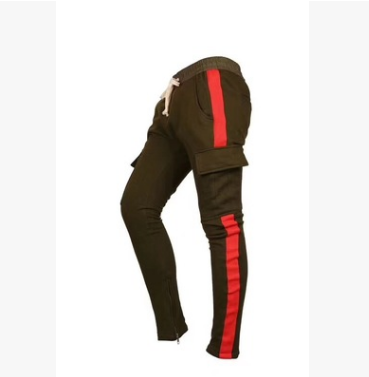 Hair coiled trousers, sporty wind, beamed leg pants, multi-pocket pants, striped contrast pants