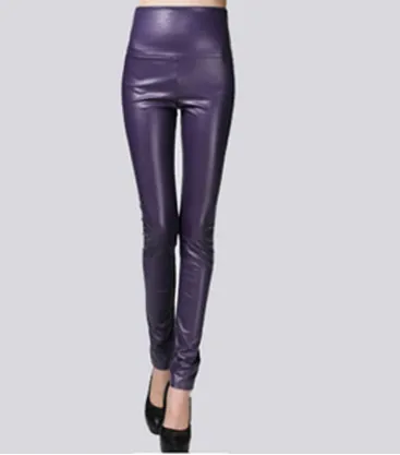 Real shot autumn and winter new color elastic pu leather plus velvet thickening leggings wearing high waist tight leather pants Violet - Shop at LoveMi