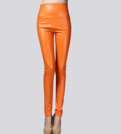 Real shot autumn and winter new color elastic pu leather plus velvet thickening leggings wearing high waist tight leather pants - Orange - View 1