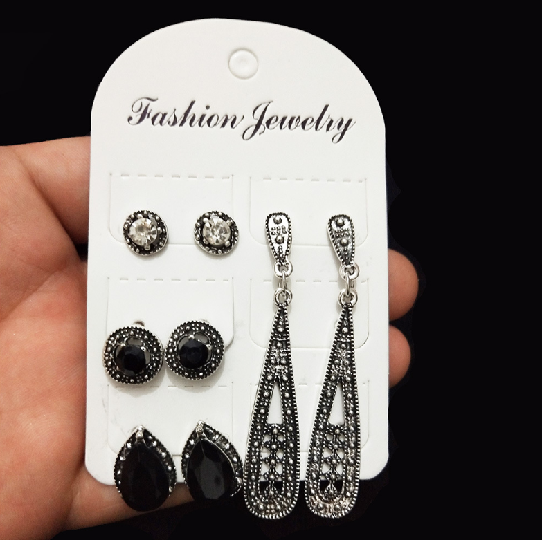 New Bohemian Black Diamond Long Vintage Zircon 4 Pair Stud Earrings Set Combination