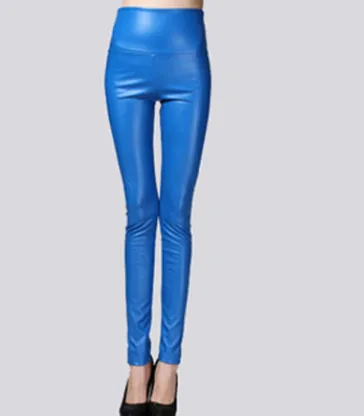 Real shot autumn and winter new color elastic pu leather plus velvet thickening leggings wearing high waist tight leather pants Sky Blue - Shop at LoveMi