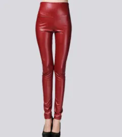 Real shot autumn and winter new color elastic pu leather plus velvet thickening leggings wearing high waist tight leather pants - Embroidered Red - View 1