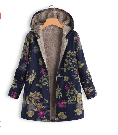 winter European and American new women's clothing hooded plush shirt plush jacket - Dark Blue