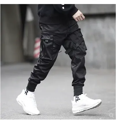 Men Black Hip Hop Cargo Pants Elastic