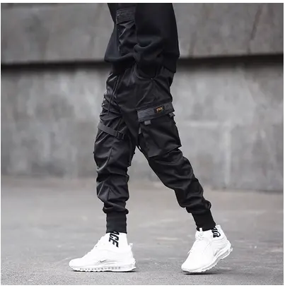 Men Black Hip Hop Cargo Pants Elastic