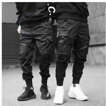 Men Black Hip Hop Cargo Pants Elastic
