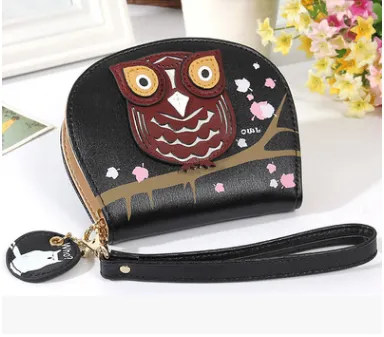Ladies Wallet Korean Cartoon Owl Short Wallet Student Zipper Coin Purse - Black
