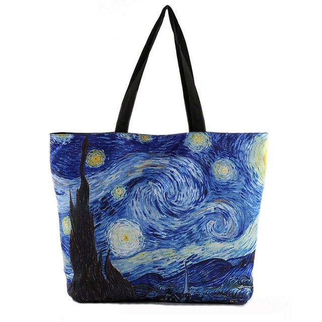 Van Gogh works literary youth shoulder bag printing zipper green shopping bag
