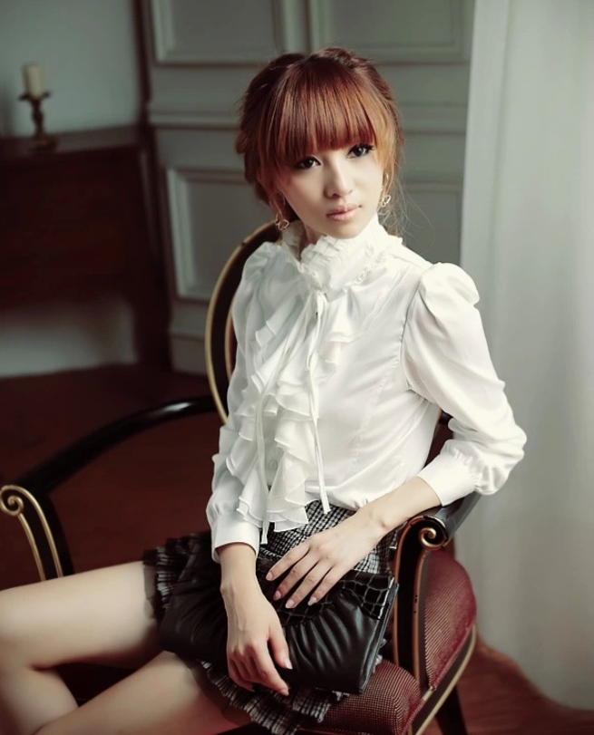 Spring new women's shirt long-sleeved chiffon shirt large size white shirt stand collar lace court shirt