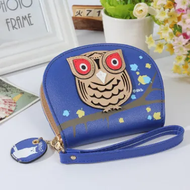 Ladies Wallet Korean Cartoon Owl Short Wallet Student Zipper Coin Purse - Blue