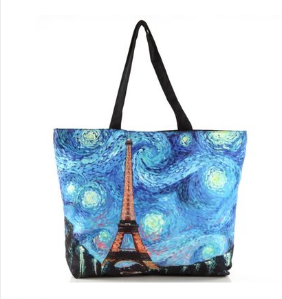 Van Gogh works literary youth shoulder bag printing zipper green shopping bag Green - Shop at LoveMi
