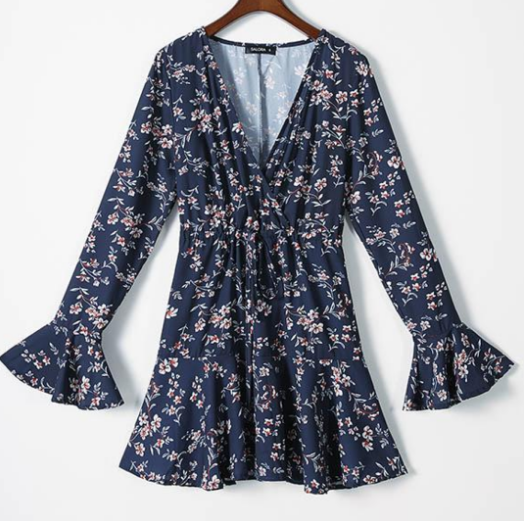 AliExpress ebay Amazon wish new European and American V-neck horn long-sleeved printed dress