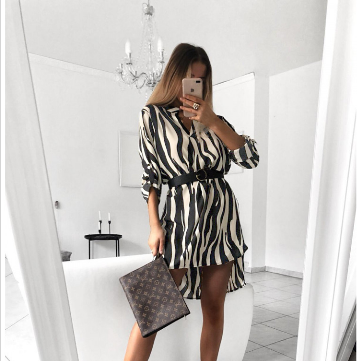 V-neck long-sleeved snake print shirt dress without belt