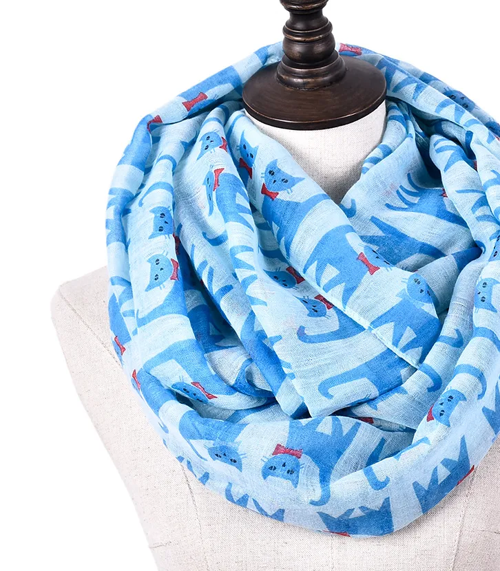 Cartoon cat print scarf cat Bali yarn scarf silk scarf art pattern to protect the heating square scarf - Blue