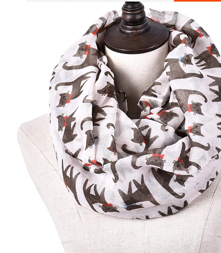 Cartoon cat print scarf cat Bali yarn scarf silk scarf art pattern to protect the heating square scarf - Creamy White