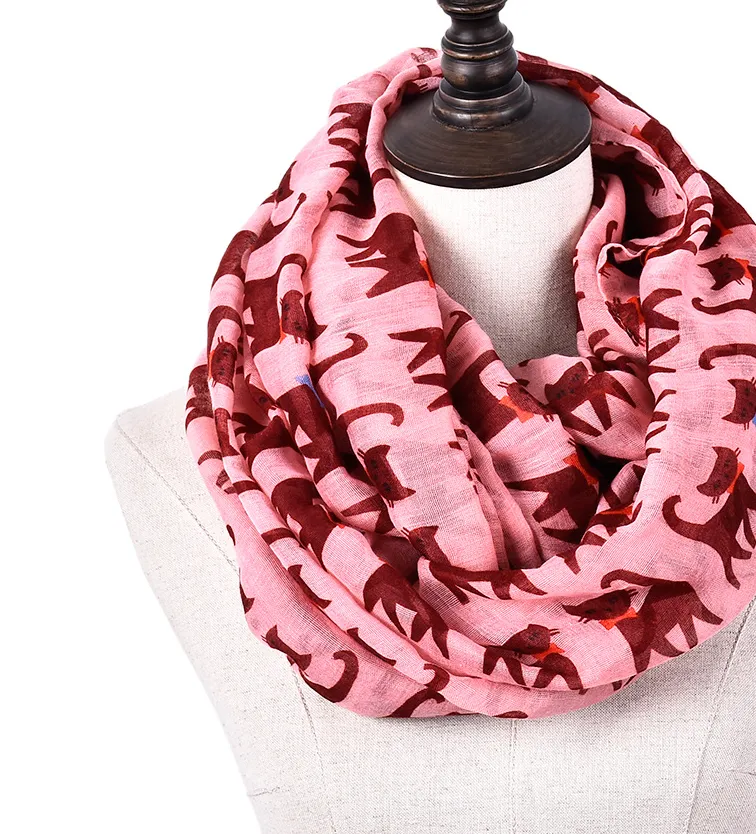 Cartoon cat print scarf cat Bali yarn scarf silk scarf art pattern to protect the heating square scarf - Pink