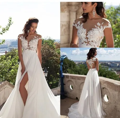 Bohemian wedding dress A word applique floor length chiffon bride dress custom side elegant wedding dress White - Shop at LoveMi