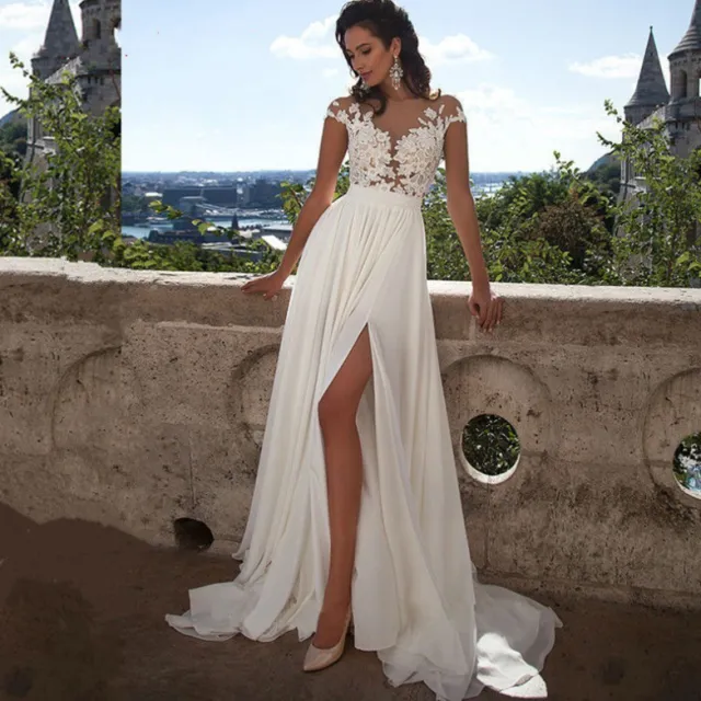 Bohemian wedding dress A word applique floor length chiffon bride dress custom side elegant wedding dress Ivory - Shop at LoveMi