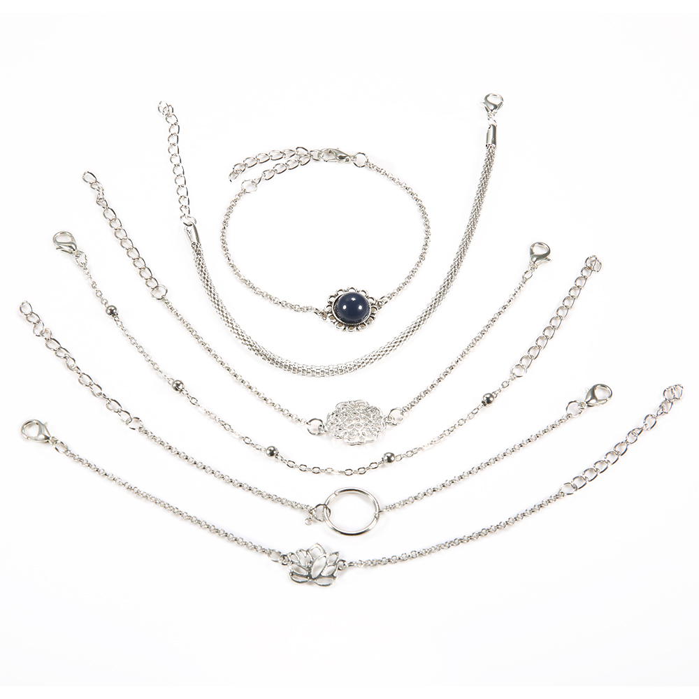 Europe and the United States simple set of 6 lotus lotus leaf round stone flower beads chain trendy fashion bracelet set