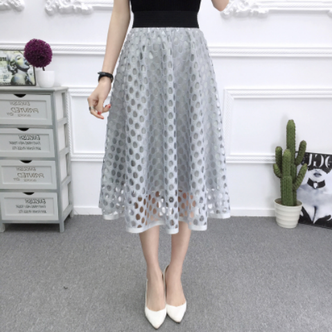 New high waist mesh tutu skirt spring and summer openwork lace skirt female slim A word skirt in the long paragraph large swing skirt