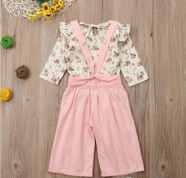 Wear Sleeve Floral Top Bib Long Sleeve Two Girls Set