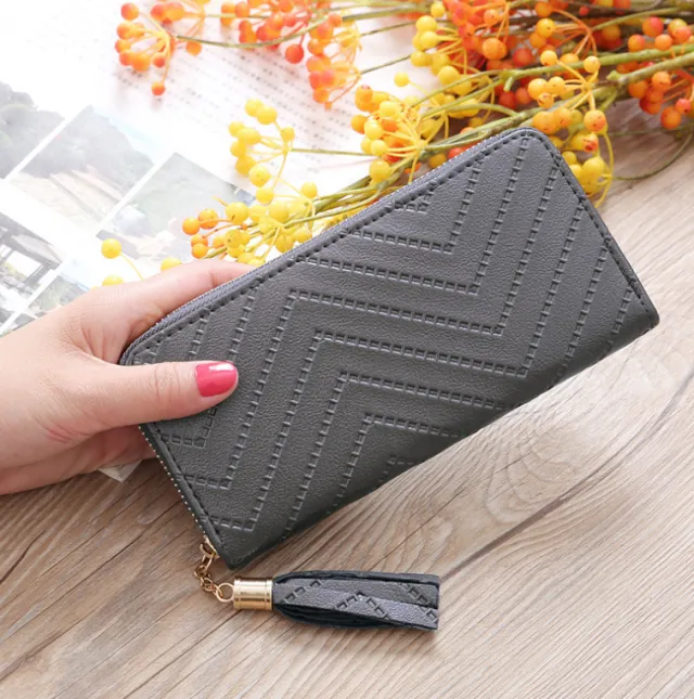 New women's wallet single pull fringed bag long zipper student bag clutch bag Gray - Shop at LoveMi